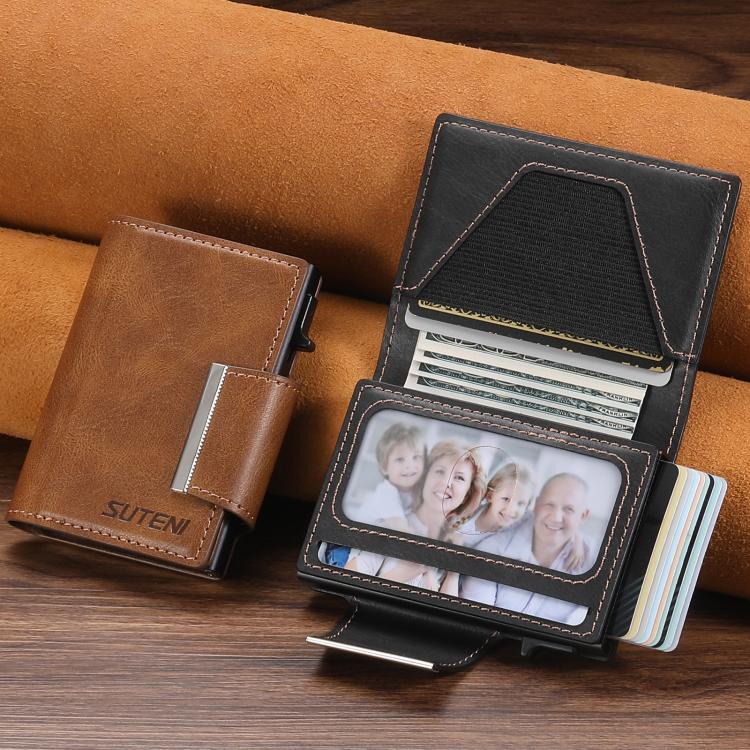Suteni oil wax-patterned left and right buckle buttons automatically pop out the card box(Black)