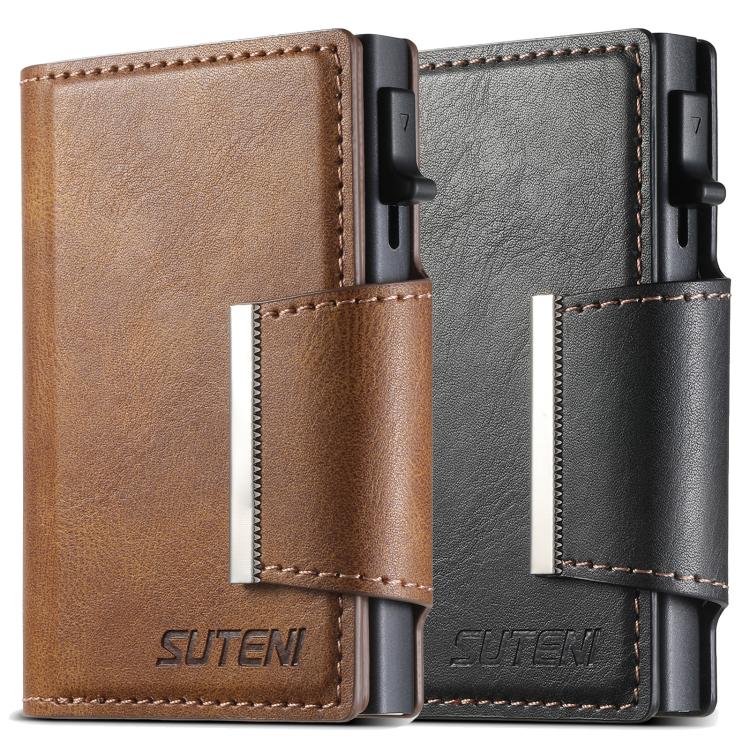 Suteni oil wax-patterned left and right buckle buttons automatically pop out the card box(Black)