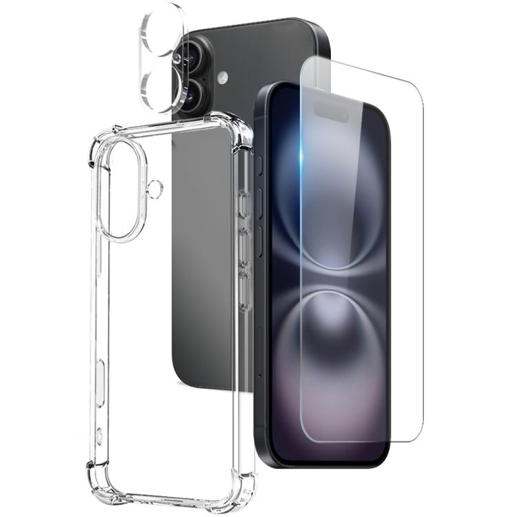 For iPhone 16 Plus NORTHJO 3 in 1 TPU Airbag Shockproof Phone Case with Screen Protector Lens Film(Clear)