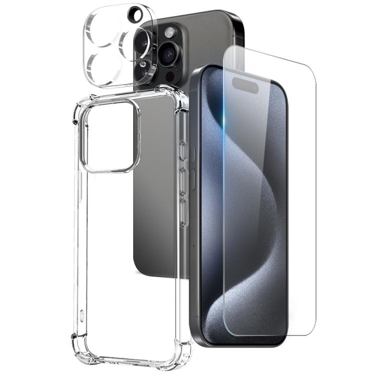 For iPhone 15 Pro Max NORTHJO 3 in 1 TPU Airbag Shockproof Phone Case with Screen Protector Lens Film(Clear)