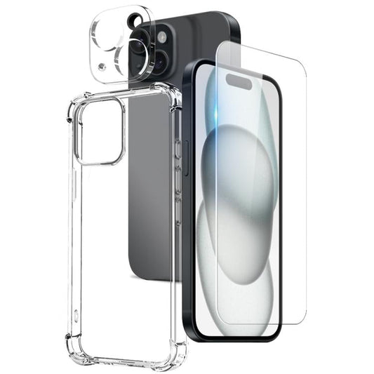 For iPhone 15 Plus NORTHJO 3 in 1 TPU Airbag Shockproof Phone Case with Screen Protector Lens Film(Clear)