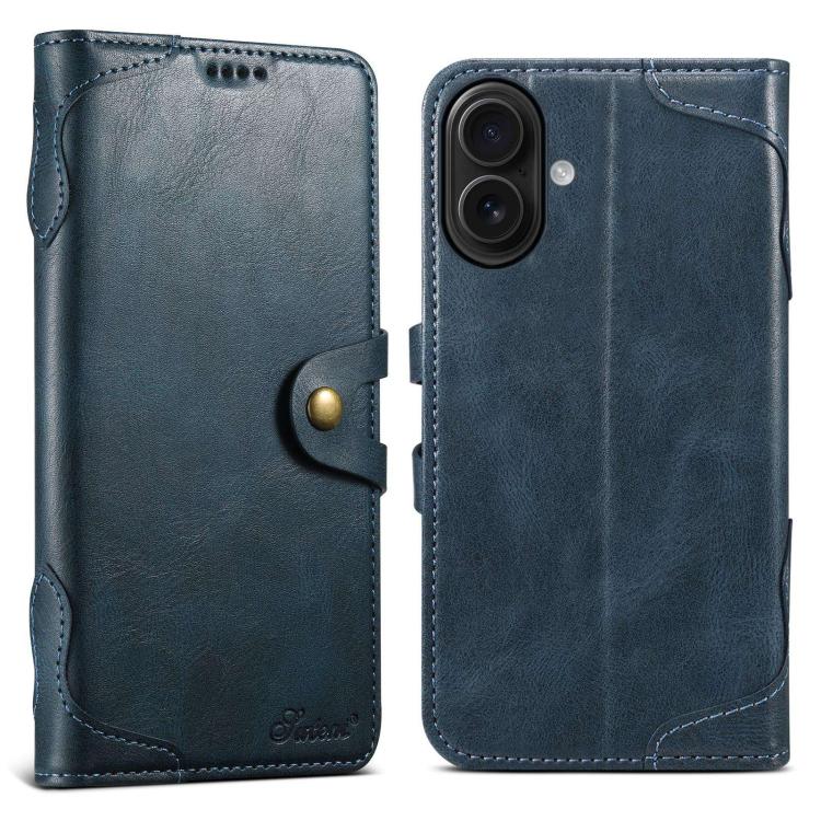 Pour iPhone 16 Suteni Q-03 Huile Cire Fermoir Magnétique Étui de Téléphone en Cuir (Bleu)