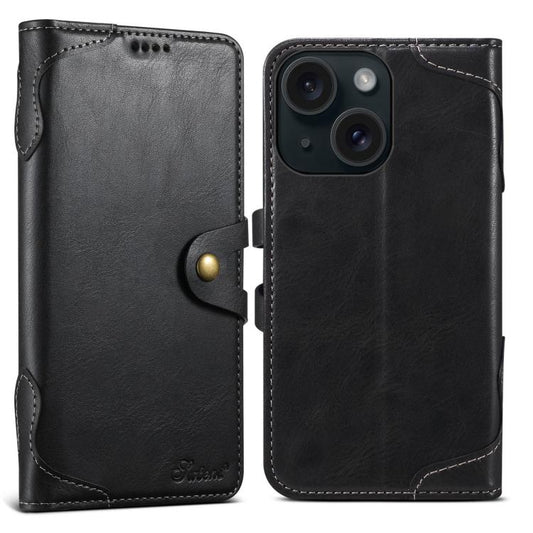 For iPhone 15 Plus Suteni Q-03 Oil Wax Magnetic Clasp Leather Phone Case(Black)