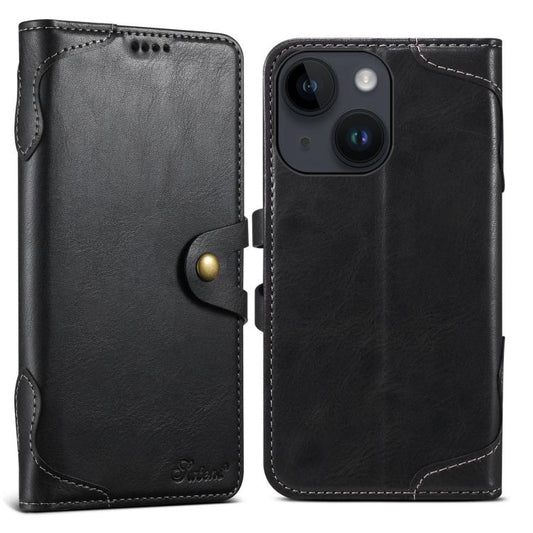 Pour coque de téléphone en cuir avec fermoir magnétique Suteni Q-03 Oil Wax pour iPhone 14 Plus (noir)