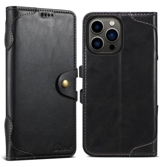 Pour iPhone 13 Pro Étui de téléphone en cuir avec fermoir magnétique en cire huilée Suteni Q-03 (noir)