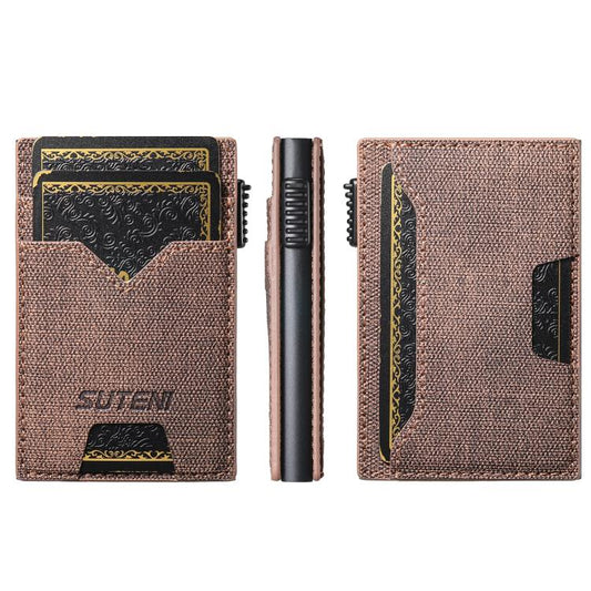 The Suteni denim double-sided card slot button automatically ejects the card box(Brown)