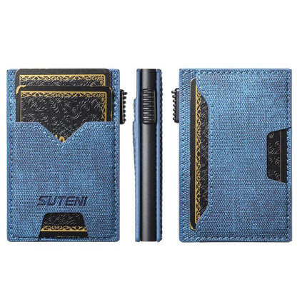 The Suteni denim double-sided card slot button automatically ejects the card box(Blue)