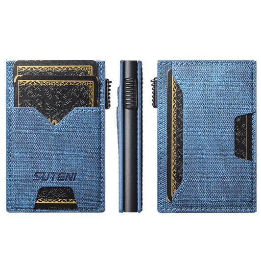 The Suteni denim double-sided card slot button automatically ejects the card box(Blue)