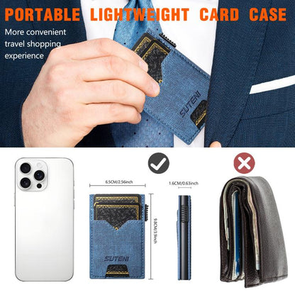 The Suteni denim double-sided card slot button automatically ejects the card box(Blue)