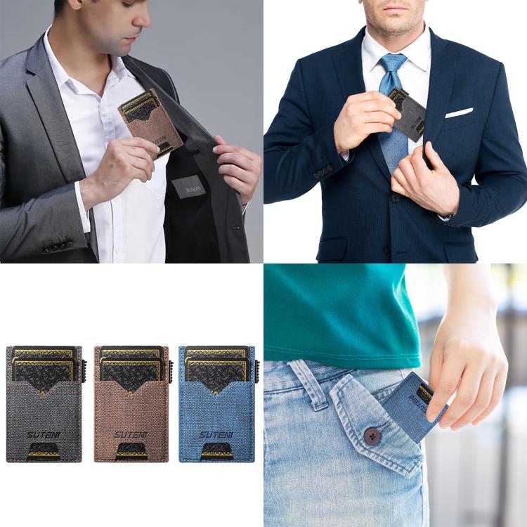The Suteni denim double-sided card slot button automatically ejects the card box(Blue)
