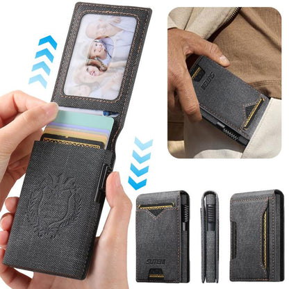 The Suteni denim pattern button automatically pops out the veneered printed card box(Black)