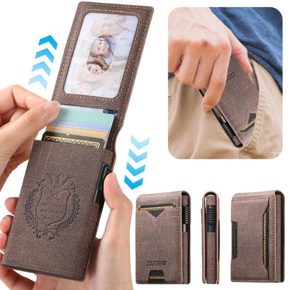 The Suteni denim pattern button automatically pops out the veneered printed card box(Brown)