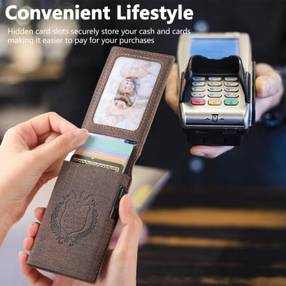 The Suteni denim pattern button automatically pops out the veneered printed card box(Brown)