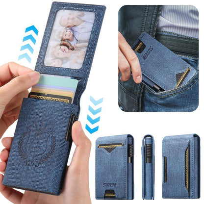 The Suteni denim pattern button automatically pops out the veneered printed card box(Blue)