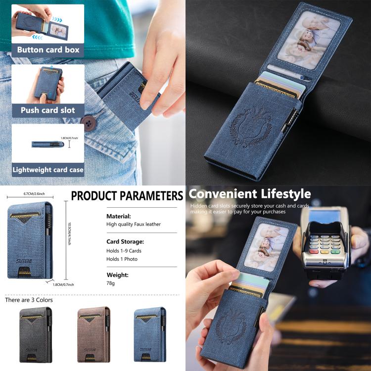 The Suteni denim pattern button automatically pops out the veneered printed card box(Brown)