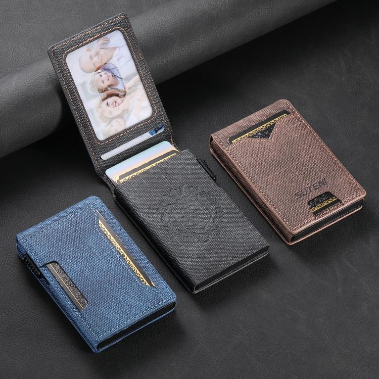 The Suteni denim pattern button automatically pops out the veneered printed card box(Blue)