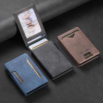 The Suteni denim pattern button automatically pops out the veneered printed card box(Blue)