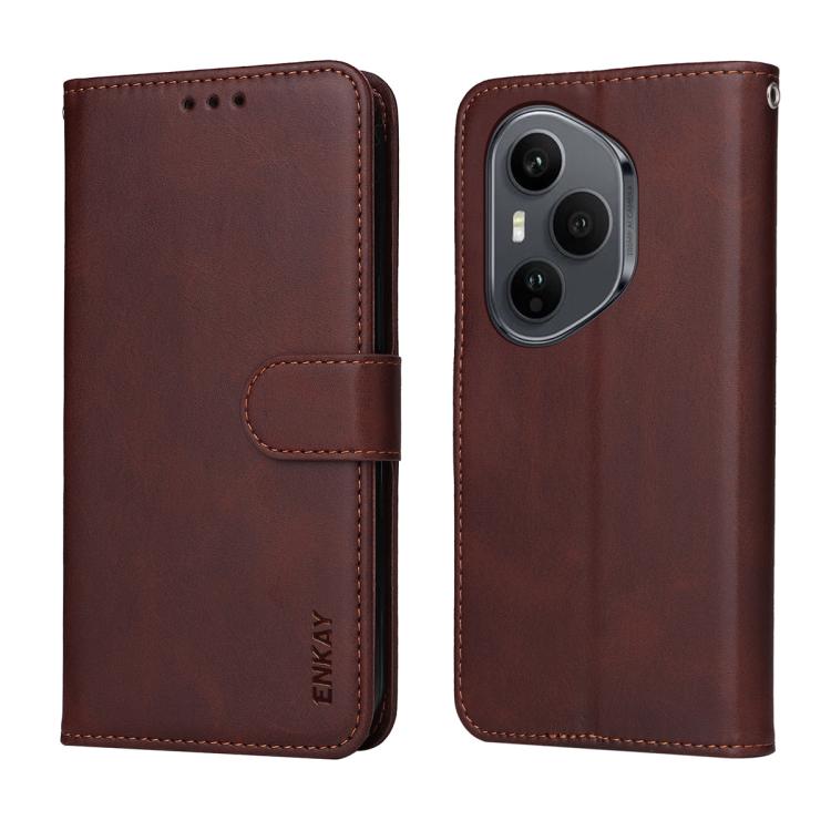 For Honor 400 Pro Global ENKAY Card Wallet Calf Texture Leather Phone Case with Full Glue Coverage Soft Hydrogel Film(Brown)