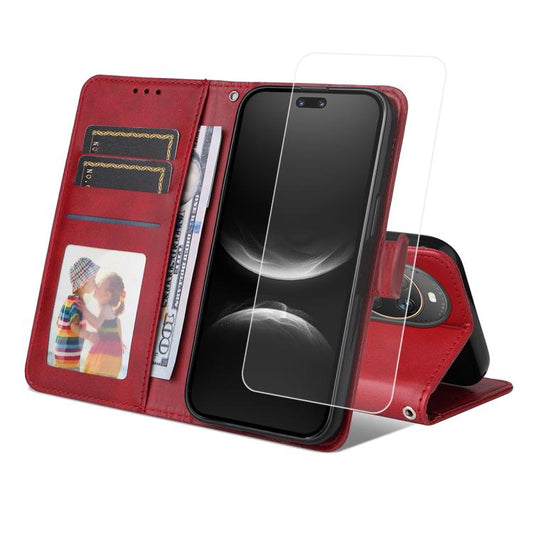 Pour Huawei nova 14 Ultra ENKAY Étui portefeuille en cuir texturé veau avec film hydrogel souple à couverture complète (rouge)