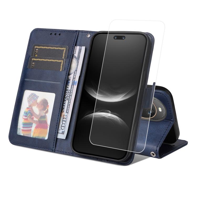 Pour Huawei nova 14 Ultra ENKAY Étui de téléphone en cuir grainé avec porte-cartes et film souple en hydrogel à couverture complète (bleu)