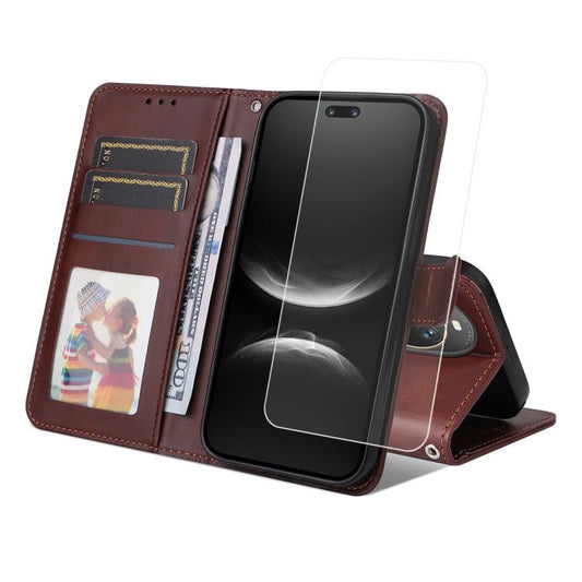 For Huawei nova 14 Ultra ENKAY Card Wallet Calf Texture Leather Phone Case with Full Glue Coverage Soft Hydrogel Film(Brown)