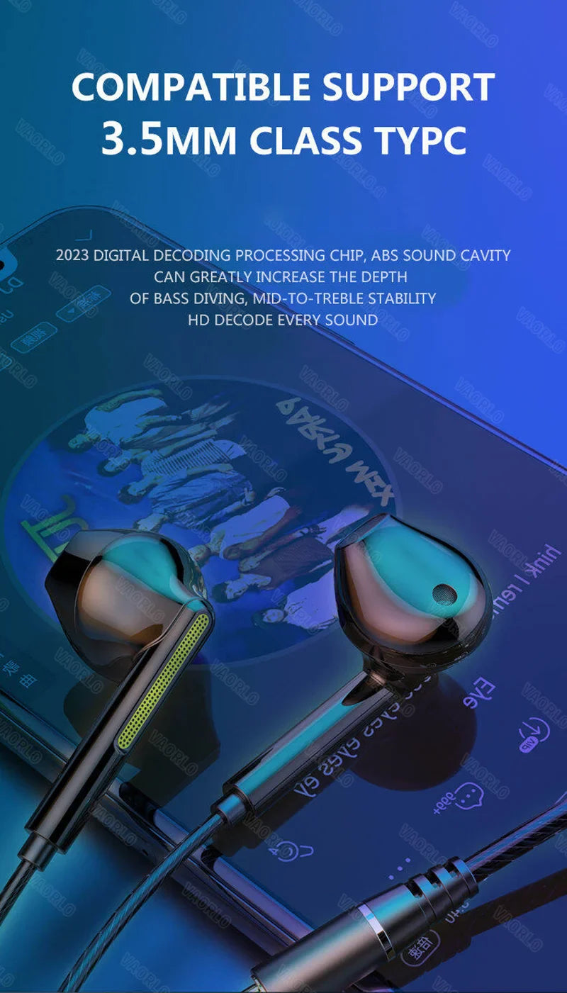 VAORLO 3.5mm/Type-C Wired Headphones Heavy Bass In Ear Earphone With Mic USB C Stereo Earbuds Gaming Headset For Samsung iPhone