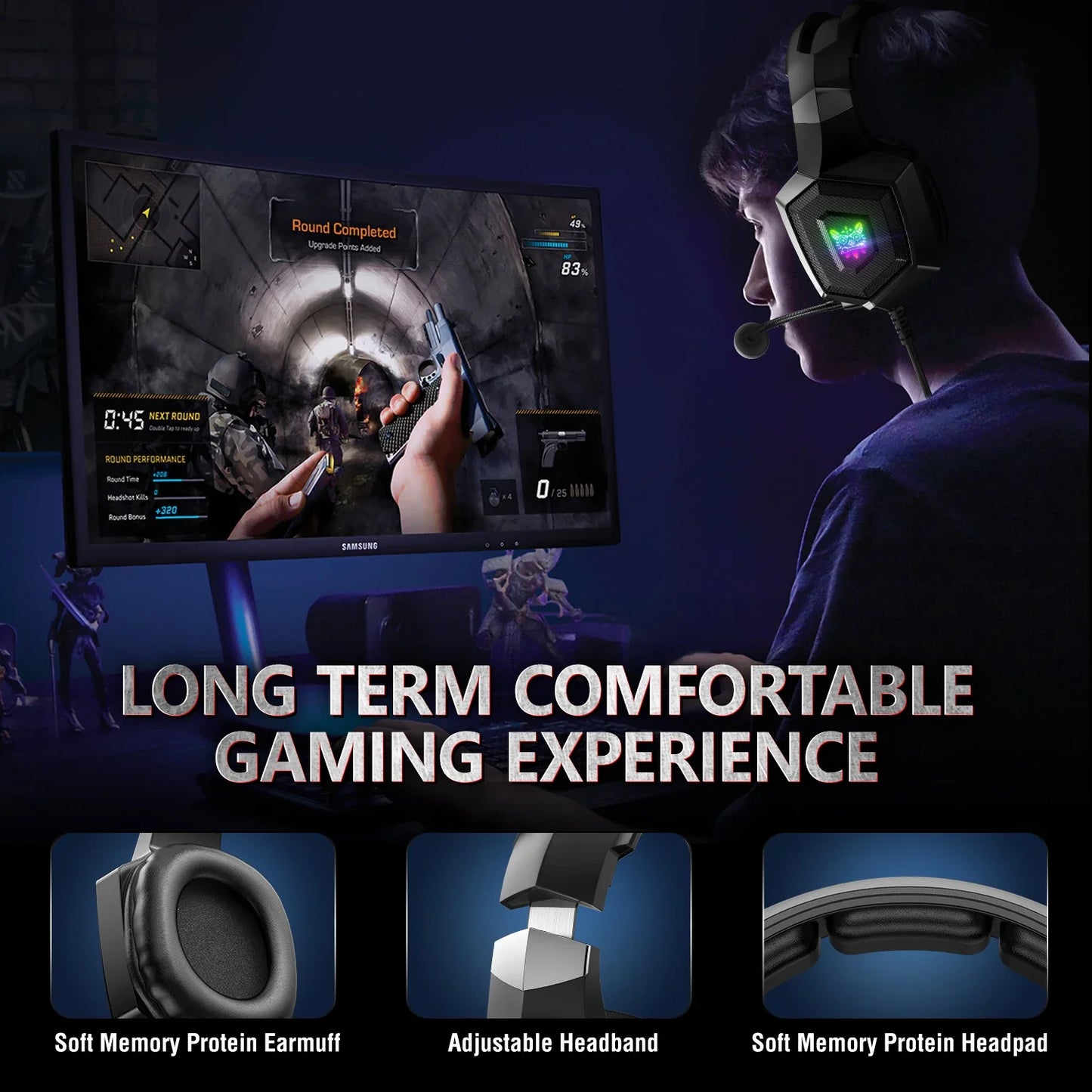 K8 Wired Gaming Headphones with Flexible HD Mic RGB Lighting Effect Over-Ear Wired Headset Gamer for PC Gaming Xbox