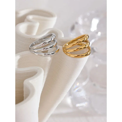 Yhpup Stainless Steel Geometric Hollow Layered Wide Ring Metal Texture Waterproof Daily Simple Stylish Golden Jewelry for Women