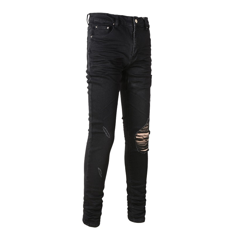 Jean Super Skinny Effet Vieilli Noir Coupe Slim Usé et Troué Extensible