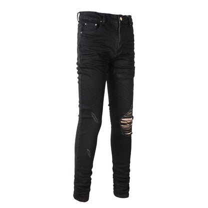 Jean Super Skinny Effet Vieilli Noir Coupe Slim Usé et Troué Extensible