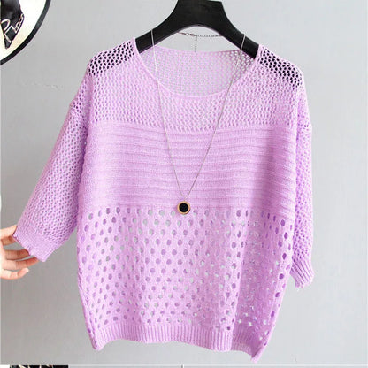 2022 new summer style loose cut out knitwear thin sun protection clothing women's round neck knitwear half-sleeved pullover