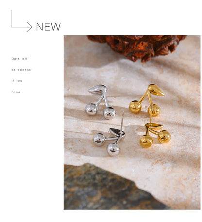 Yhpup 316L Stainless Steel Metal Chic Cherry Golden Stud Earrings Water Resistant Charm Fashion Jewelry 18K PVD Plated Wholesale