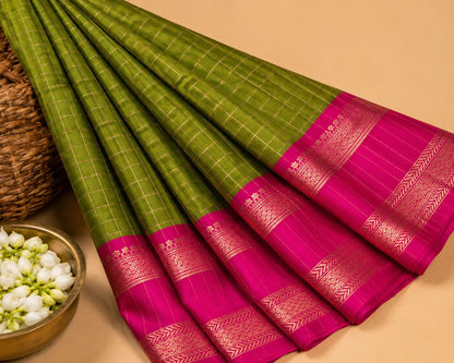 Olive Green Soft Silk Saree with Pink Zari Border