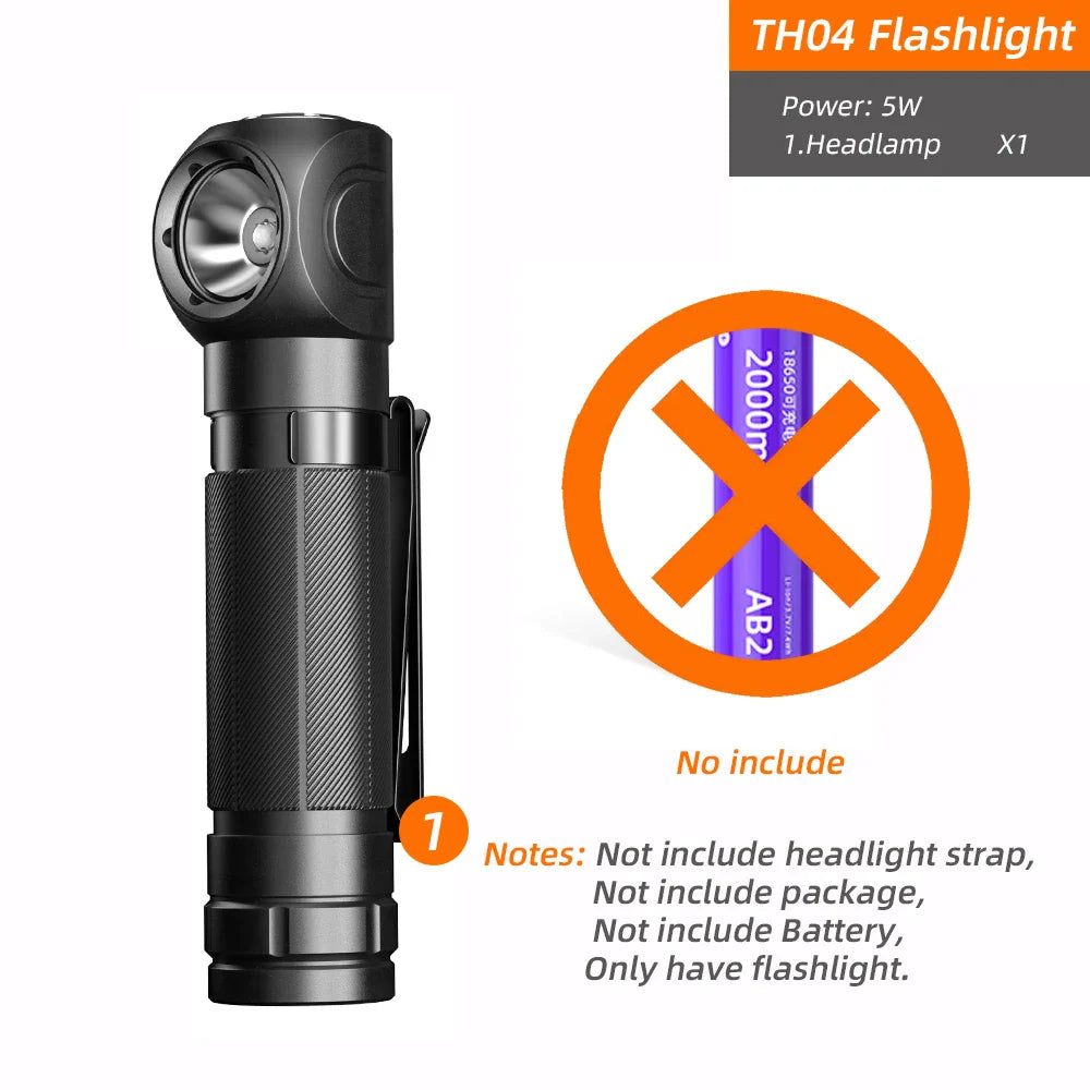 Nouvelle lampe frontale LED SUPERFIRE TH04 rechargeable Type C Phare 90° Lampe de poche 18650 avec aimant indicateur, Lampe frontale