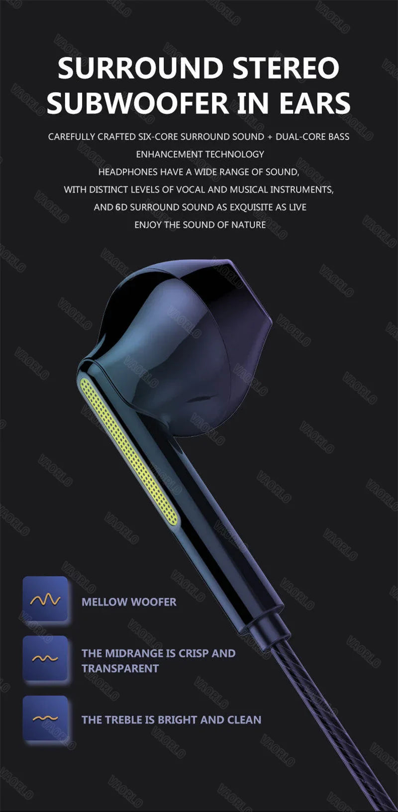 VAORLO 3.5mm/Type-C Wired Headphones Heavy Bass In Ear Earphone With Mic USB C Stereo Earbuds Gaming Headset For Samsung iPhone