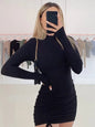 Long Sleeve Ruched Bodycon Dress Women Turtleneck Bandage Mini Dresses Autumn Black Skinny Stretchy Party Vestidos