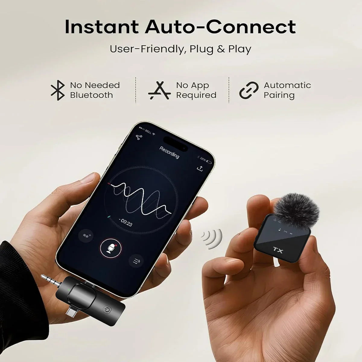 3in1 Microphone for iPhone/Android, Wireless, 328ft Transmission, Mini Microphone for Record Interview