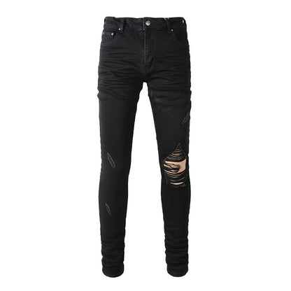Jean Super Skinny Effet Vieilli Noir Coupe Slim Usé et Troué Extensible