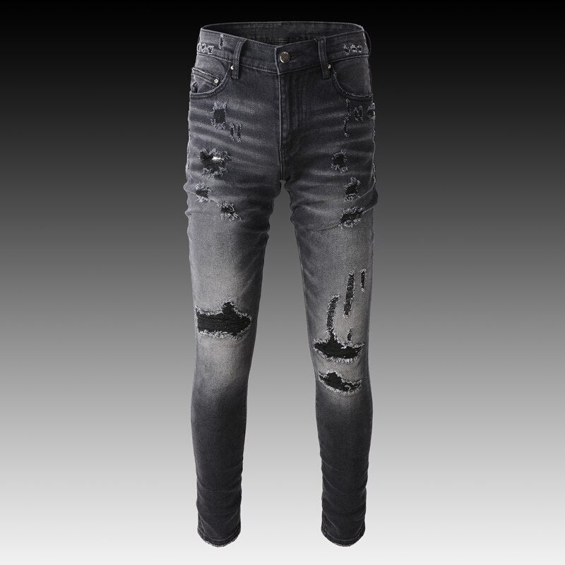 Jeans destroy homme slim fit noir gris élastique streetwear fashion rétro