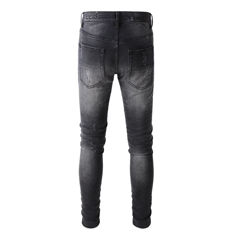Jeans destroy homme slim fit noir gris élastique streetwear fashion rétro