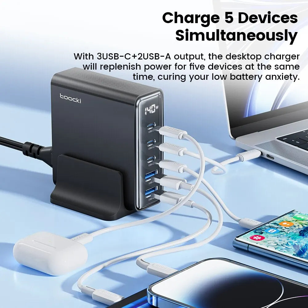 Chargeur USB Toocki 140W GaN 5-en-1 de bureau à charge rapide Type C avec affichage LED pour iPhone Xiaomi Smartphone Ordinateur portable