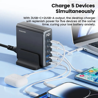Chargeur USB Toocki 140W GaN 5-en-1 de bureau à charge rapide Type C avec affichage LED pour iPhone Xiaomi Smartphone Ordinateur portable