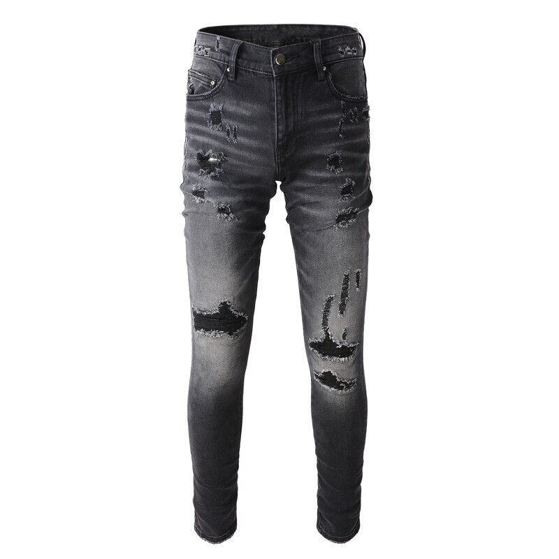 Jeans destroy homme slim fit noir gris élastique streetwear fashion rétro
