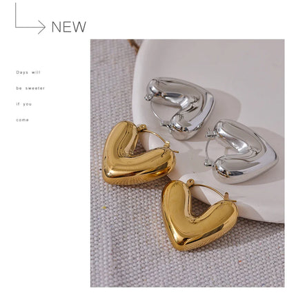 Yhpup Fat Fashion Stainless Steel Heart Chunky Hoop Earrings Charm Metal Texture Rust Proof Versatile Jewelry серьги тренд