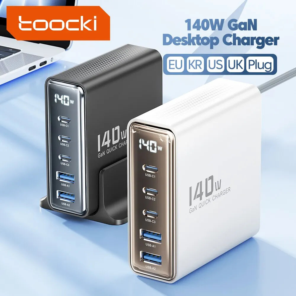 Chargeur USB Toocki 140W GaN 5-en-1 de bureau à charge rapide Type C avec affichage LED pour iPhone Xiaomi Smartphone Ordinateur portable