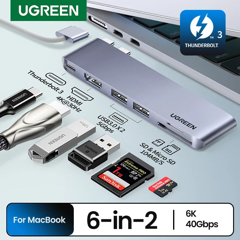 UGREEN Hub USB C 6-en-2 Type-C vers Thunderbolt 3 4K HDMI USB3.0 Adaptateur SD&TF pour MacBook Pro Air Station d'accueil Répartiteur USB-C