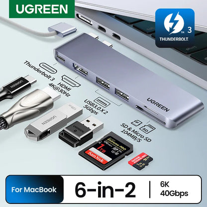 UGREEN Hub USB C 6-en-2 Type-C vers Thunderbolt 3 4K HDMI USB3.0 Adaptateur SD&TF pour MacBook Pro Air Station d'accueil Répartiteur USB-C