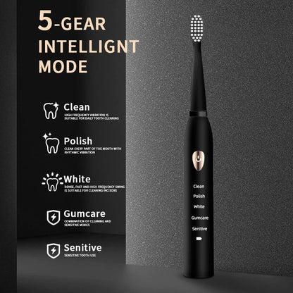 Jianpai Brosse à dents électrique acoustique classique noire et blanche pour adulte, 5 modes, chargement USB, étanche IPX7, électrique acoustique