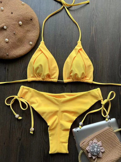2025 New Sexy Triangle Bathing Suit for Women Brazilian Bikinis Halter Swimwear Push Up Swimsuit Metal Chain Beach Bikini Set