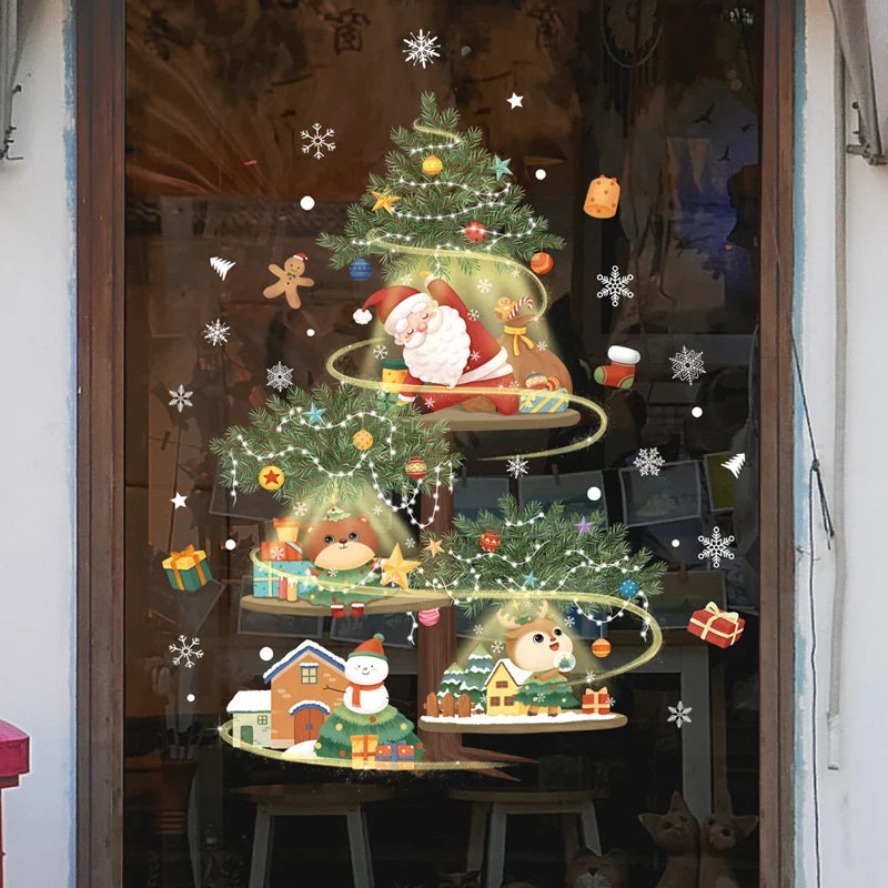 2024 Christmas Window Stickers Santa Claus Xmas Tree Cartoon Glass Decal Merry Christmas New Year Holiday Decorations for Home
